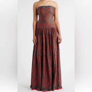 NWT Sani Womens Maya Floral Drop Waist Gown, Hand Beaded, Scarlet Fleur Cotton M